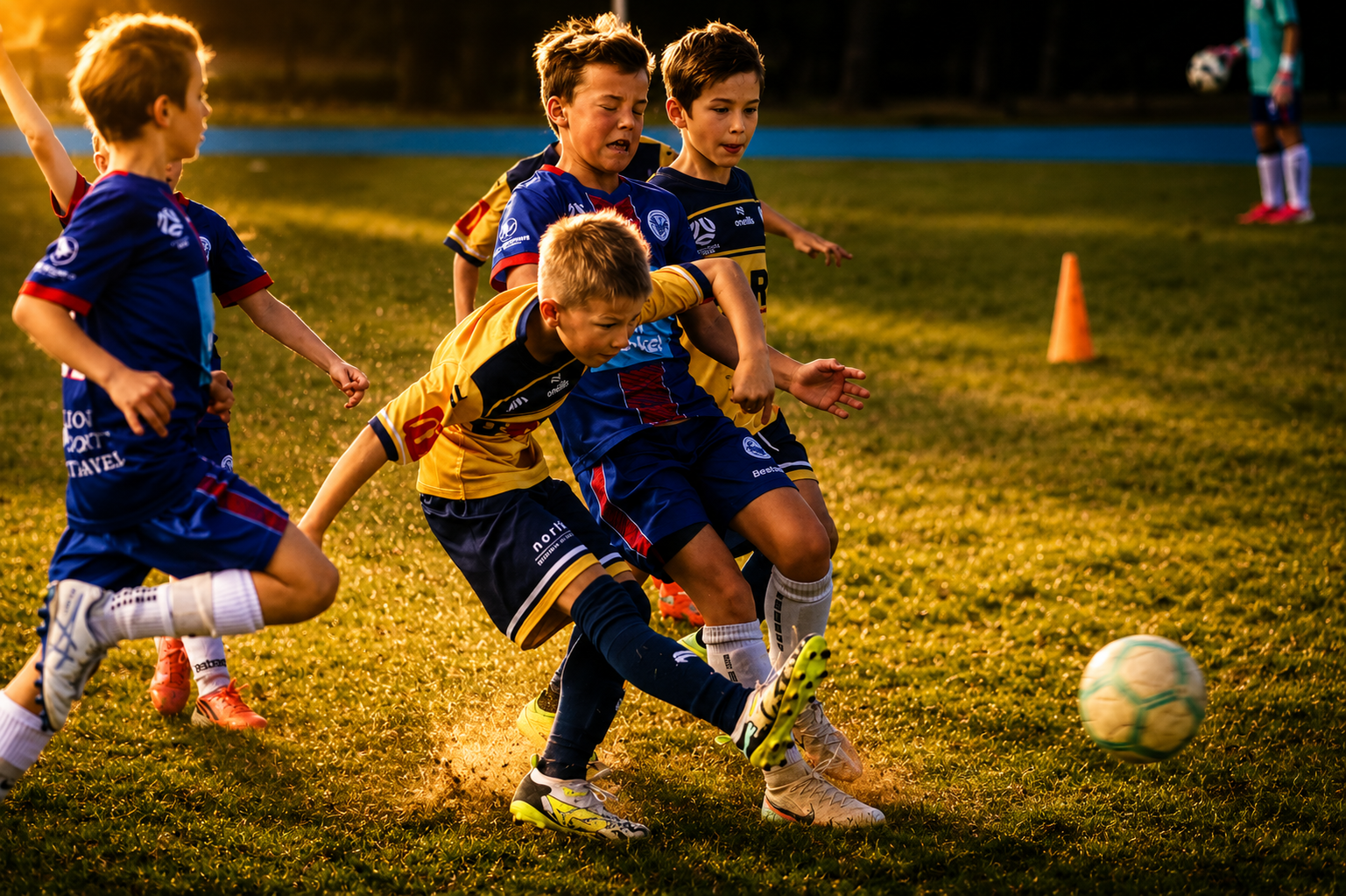 Players scrambling for the ball in low golden sunlight