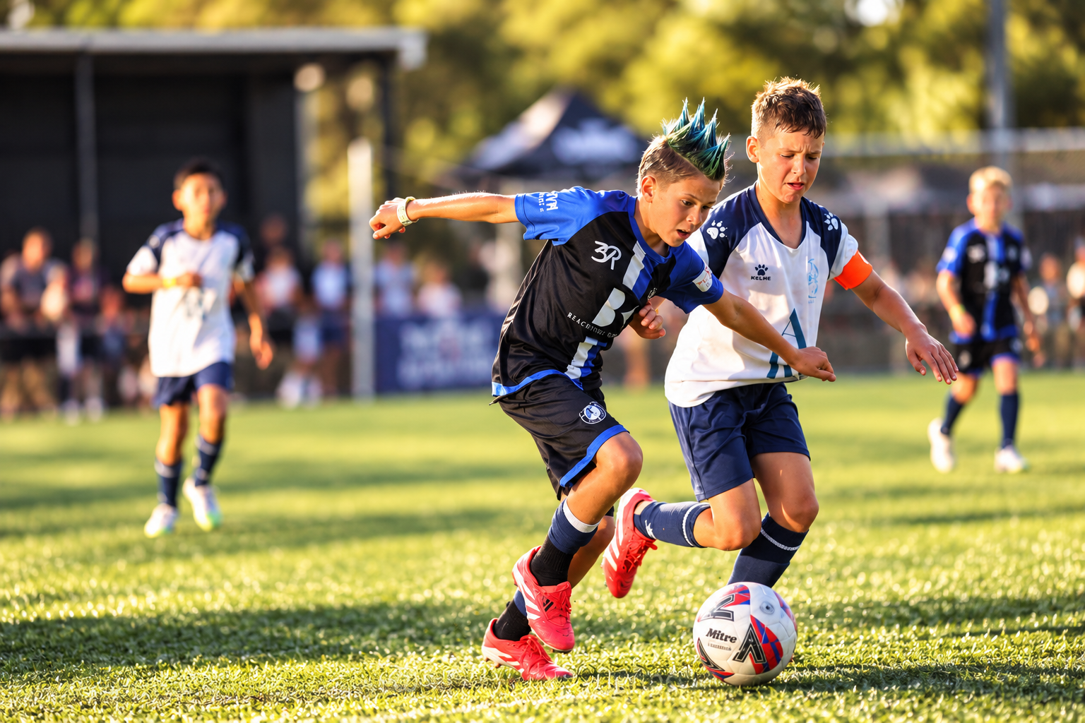 Two players battling for the ball at a tournament match