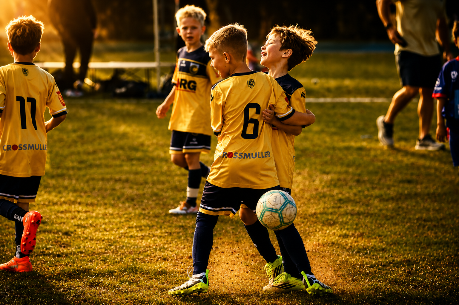 Teammates celebrating together in golden afternoon light